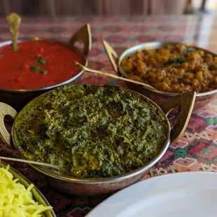 Chicken salad, chicken Tikka masala, beigan bharta