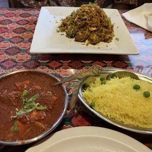 three dishes of food on a table