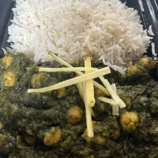 Channa Saag - chickpeas cooked in garden fresh spinach with a touch of cream.