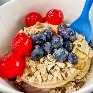 My PB&amp;J - peanut butter &amp; strawberry yogurt  mix with blueberries, cherries, almonds, and walnuts