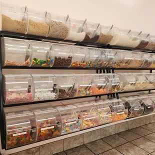 a display of cereal and candy