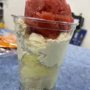 Gunther's 50/50 (strawberry freeze / vanilla ice cream / pineapple freeze). Straight