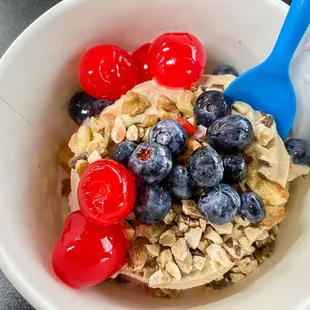 My PB&amp;J - peanut butter &amp; strawberry yogurt  mix with blueberries, cherries, almonds, and walnuts