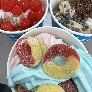 Blue cotton candy peach candy peanut butter with dark chocolate chips s chocolate with cherries