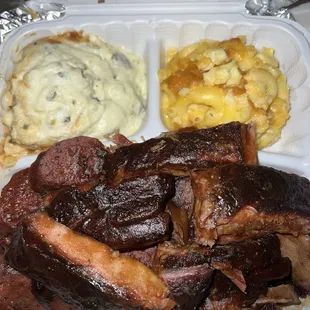 #9 Ribs, Links, Brisket w/ potato salad &amp; mac n cheese
