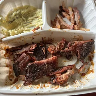 Burnt Ends pork ribs. Unedible, overcooked and strange seasoning.