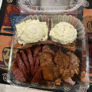 Combo: beef links and (fatty a$$)  brisket w/ potato salad --- Brisket selection  is getting fattier and fattier &amp; slacking on the BBQ sauce