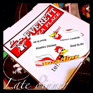 a pizza box with a chicken on it