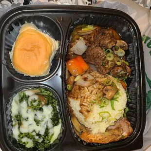 Beef tips rice grilled salmon cream spinach with mushrooms