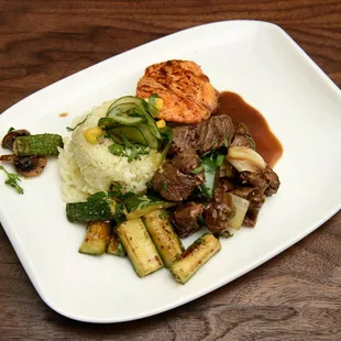 a plate of food on a wooden table