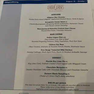 Magical Dining menu $40 pp