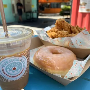 Vanilla hazelnut cold brew, glazed donut, chicken tenders