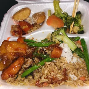 Takeout,  dont mind my sloppy plating but the food was very fresh especially before close.