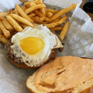 Wakeup Burger ($9)- delicious bacon, egg burger w crisp fries