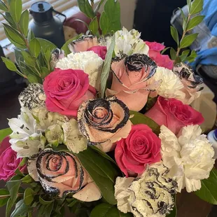 Custom pink/white bouquet with black glitter