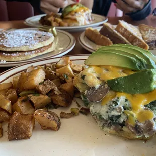Build your own Egg White Omelette, blueberry Swedish pancakes, country potatoes, French toast.