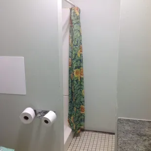 Spacious, clean bathroom. Private, single person with toilet, long counter with sink and soap, and nice, clean shower.