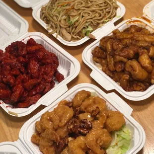 Peking spare ribs, chicken chow mein, orange chicken, and honey walnut shrimp