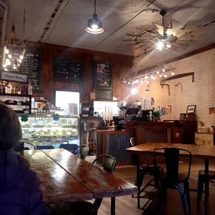 Inside. Rustic cabin country cozy aesthetics. Homemade baked goods. Allegedly known for their FAMOUS bagel bombs.