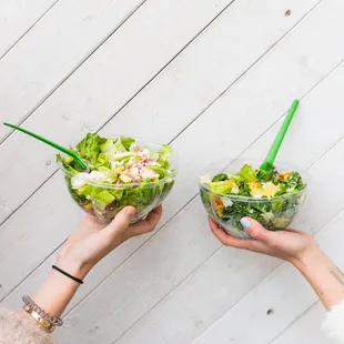 wo hands holding a bowl of salad