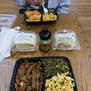 Pepper steak, original mac n cheeze, collard greens; veggie stew, cashew mac n cheeze, collard greens