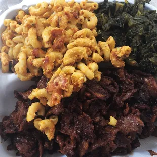 Vegan bbq pork, Mac n cheeze, kale greens. AMAZING