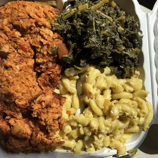 Veggie loaf, chickpea mac, greens