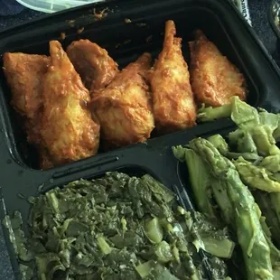 Vegan buffalo drummies with greens
