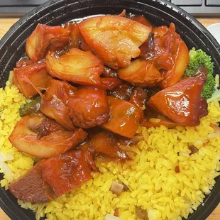 $9.99 | Bourbon Chicken - served w/ pork fried rice &amp; soup or soda - doesn&apos;t have the rich savory flavor.  Extremely bland