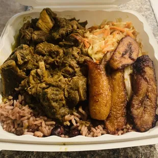 Curry Goat with Rice &amp; Peas, Plaintains and Veggies