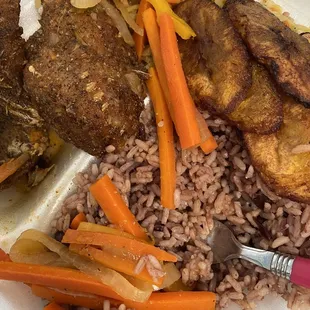 Escovitch snapper, peas and rice, cabbage and carrots with plantains