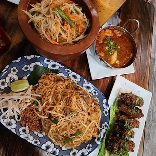 Beef Pad Thai, Thai Papaya Salad, Chicken Tom Yum Soup, and Thai Glazed Chicken Wings