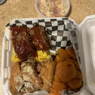 Meaty treat, fried chicken, meatloaf, yams and potato salad