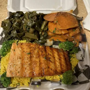 Honey glazed salmon, greens and yams