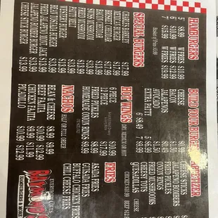 Back of the menu
