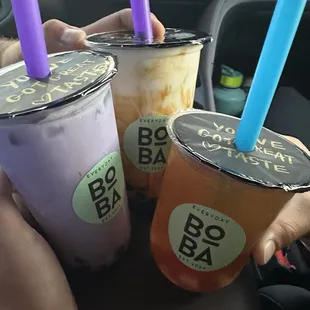 Taro milk tea, tiger brown sugar, lychee fruit tea