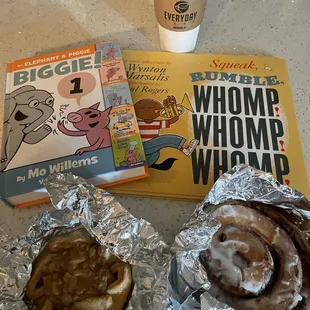 Butter Pecan Latte, Apple  Tart, Cinnamon Bun, and books from The Young Dreamers&apos; Bookstore Pop-up.