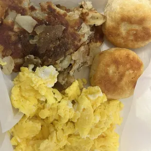 Egg hash browns and biscuits.