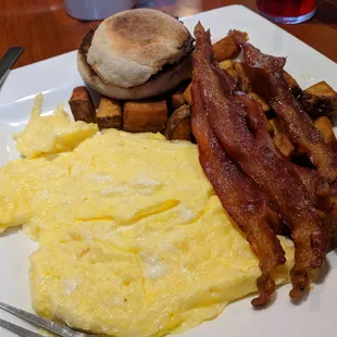 My go to for breakfast, bacon, eggs, and potatoes.