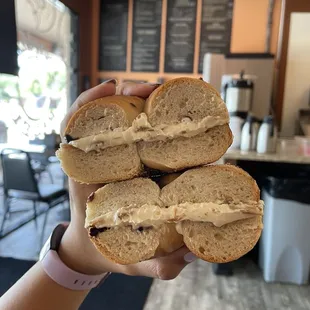 Honey almond with blueberry bagel. Delicious