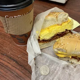 Breakfast bagel and coffee