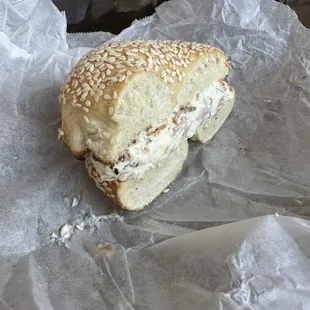 Honey almond cream cheese sesame bagel.
