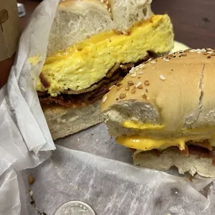 Huge fluffy egg, breakfast bagel