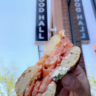 Lox served on a sea salt bagel