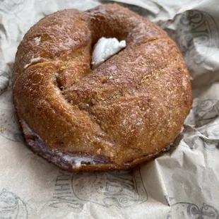 Purple sweet potato bagel with vegan cream cheese