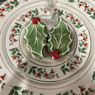 Megan created a holly leaf &amp; berry dessert to beautifully match the dishes I used at a Christmas tea event.