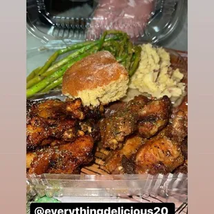 Asparagus, garlic mash ,honey/spicy and lemon pepper party wings