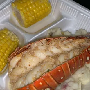 Garlic butter lobster over red mash w/sweet corn