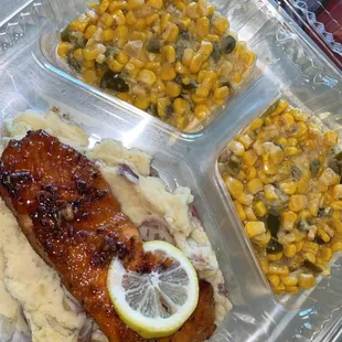 Honey garlic salmon garlic mash and jalapeño cream corn