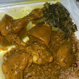 Curry chicken  SOOOO GOOOD! And tender collards were good too I asked for extra sauce beef patties weren&apos;t the best but still good